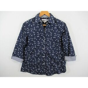 Foxcroft Bird Print Button Up Shirt Women Medium Navy Blue 3/4 Sleeve Easy Care